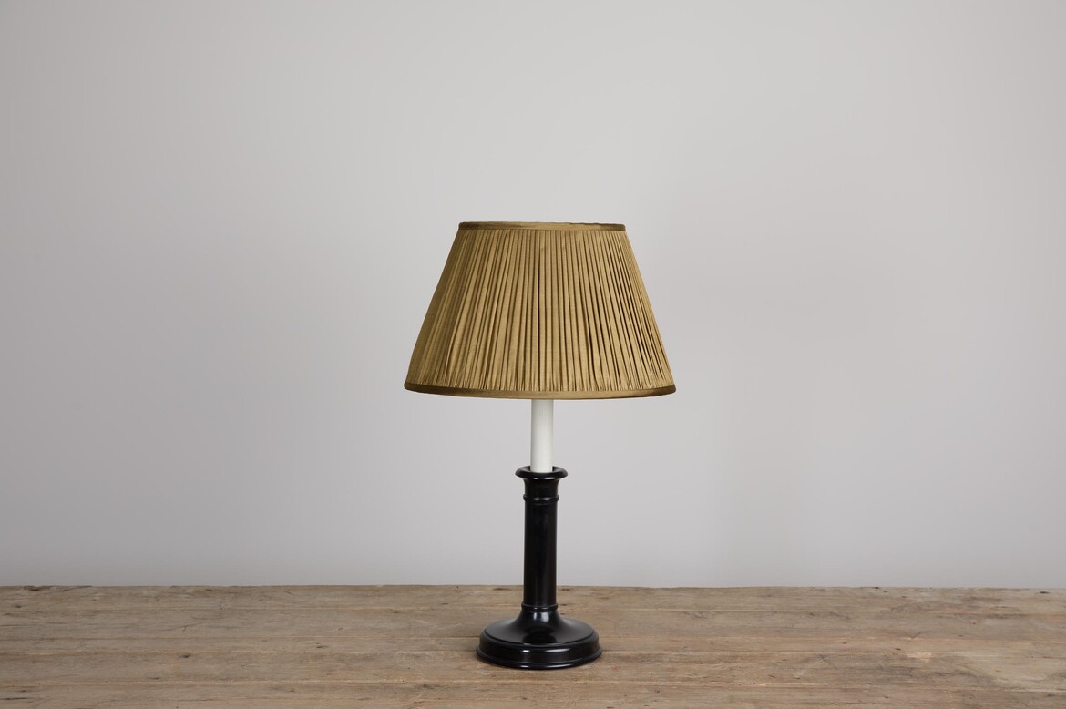 Max Rollitt Bespoke candlestick lamp with dune malabar lampshade